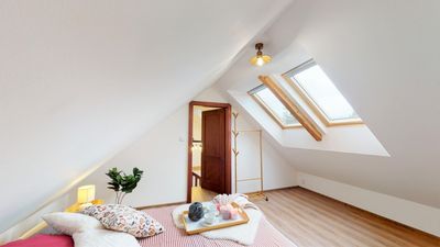The bedroom by the entrance, with a roof window