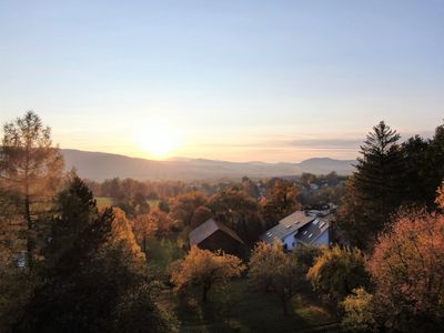 The view down the valley at sunset